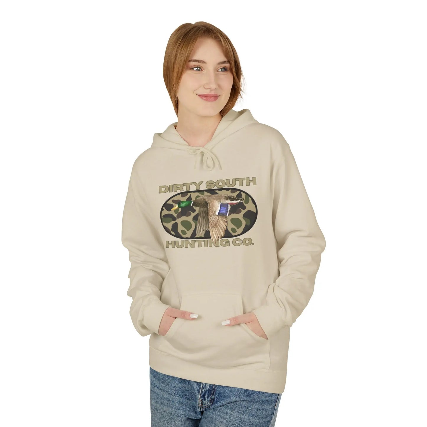 Dirty South Hunting Co Camouflage Hoodie for Hunting Enthusiasts, Cozy Sweatshirt, Outdoor Apparel, Gift for Hunters, Hunting Season Gear, Stylish Unisex Fleece Printify