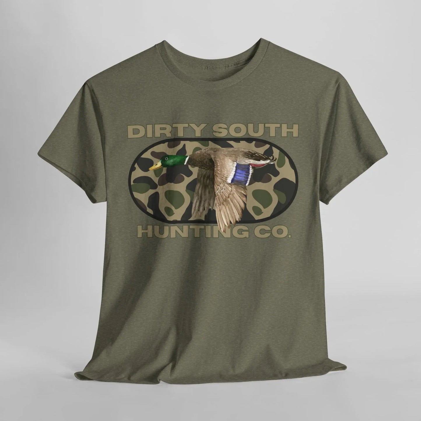 Duck Hunting Unisex Heavy Cotton Tee, Dirty South Hunting Co Shirt, Outdoor Apparel, Camouflage T-Shirt, Gifts for Him, Gifts for Her Printify