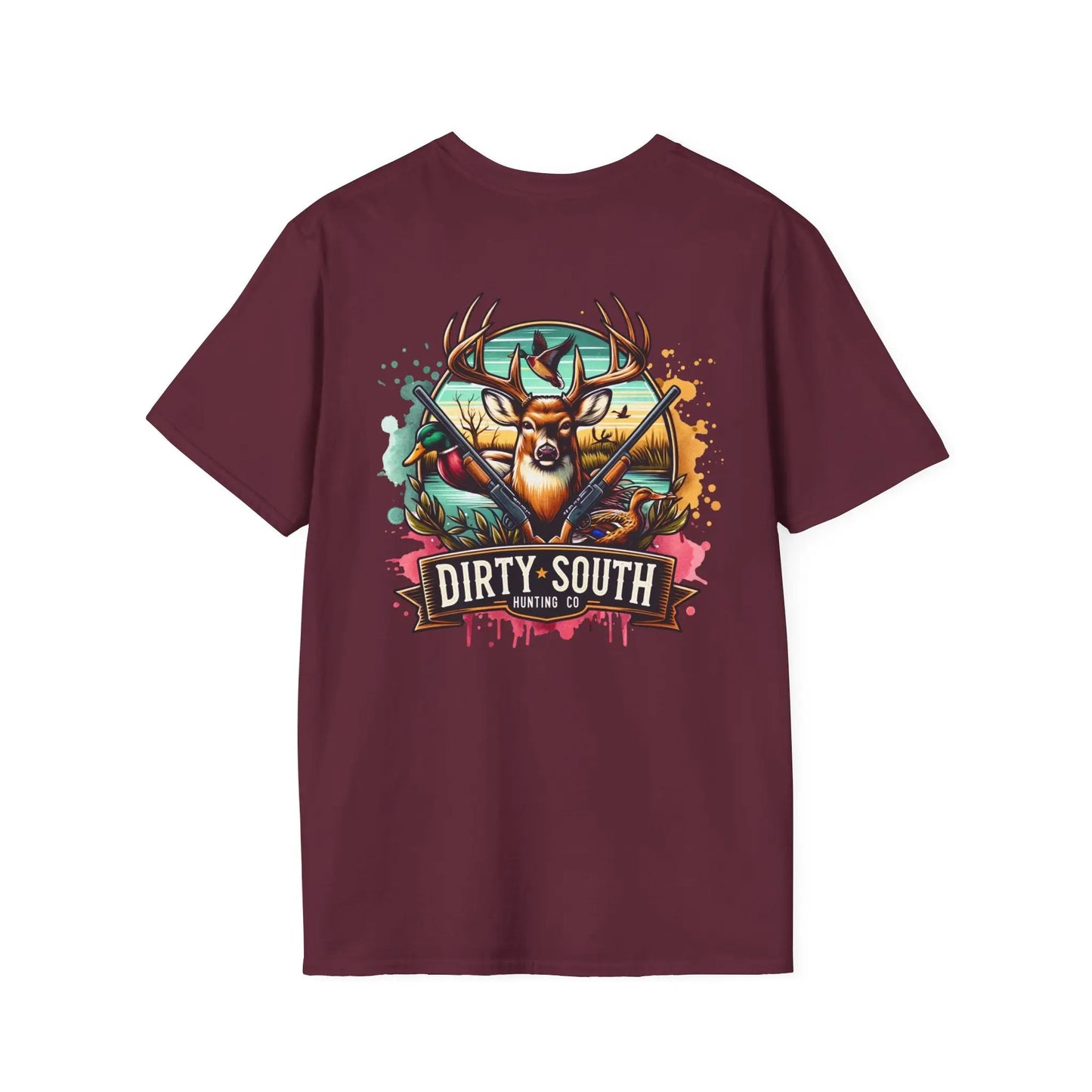 Watercolor Dirty South Hunting Co Unisex Softstyle T-Shirt - Southern Hunt Graphic Tee, Outdoor Apparel, Camo Hunter Top, Nature Lover Gift, Printify