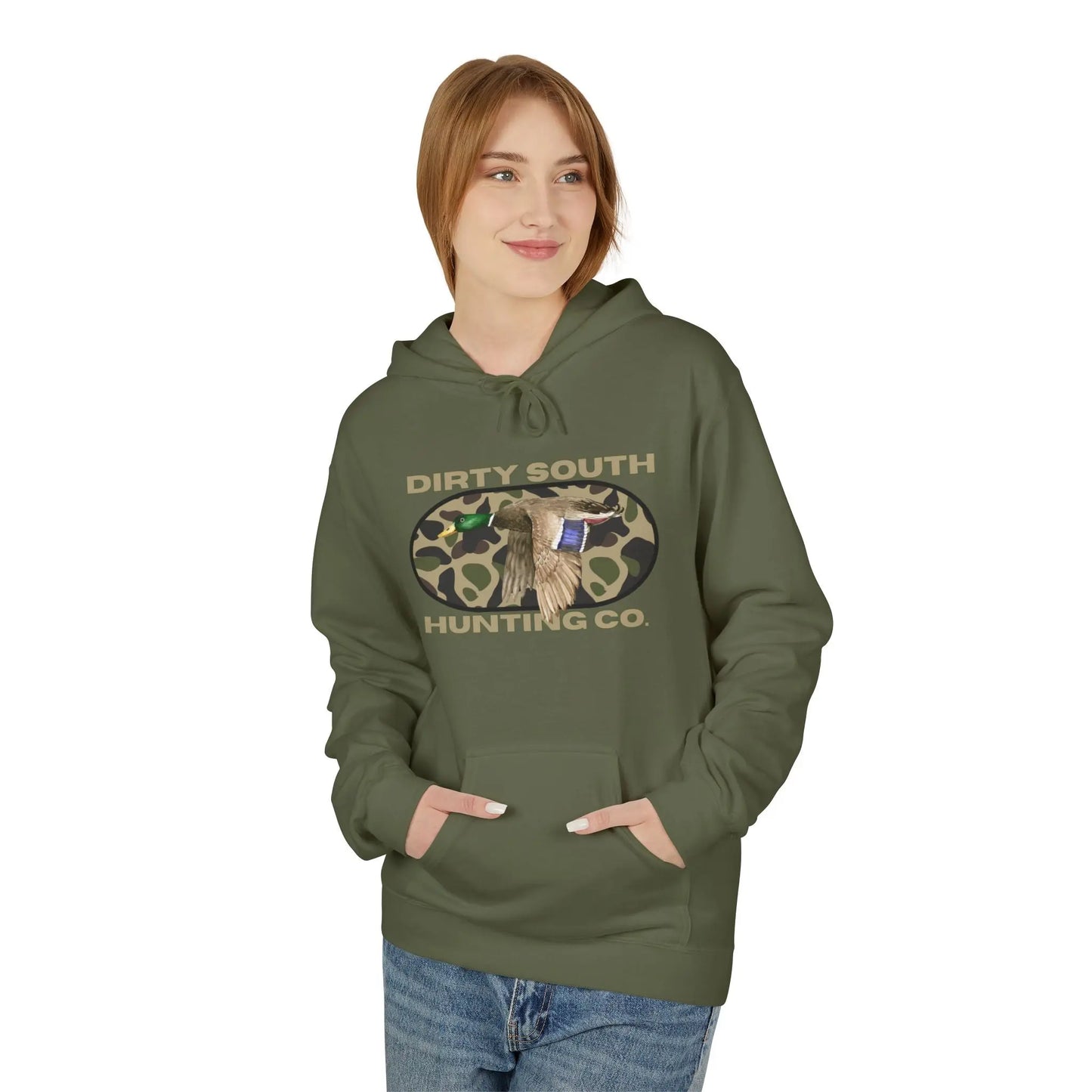 Dirty South Hunting Co Camouflage Hoodie for Hunting Enthusiasts, Cozy Sweatshirt, Outdoor Apparel, Gift for Hunters, Hunting Season Gear, Stylish Unisex Fleece Printify