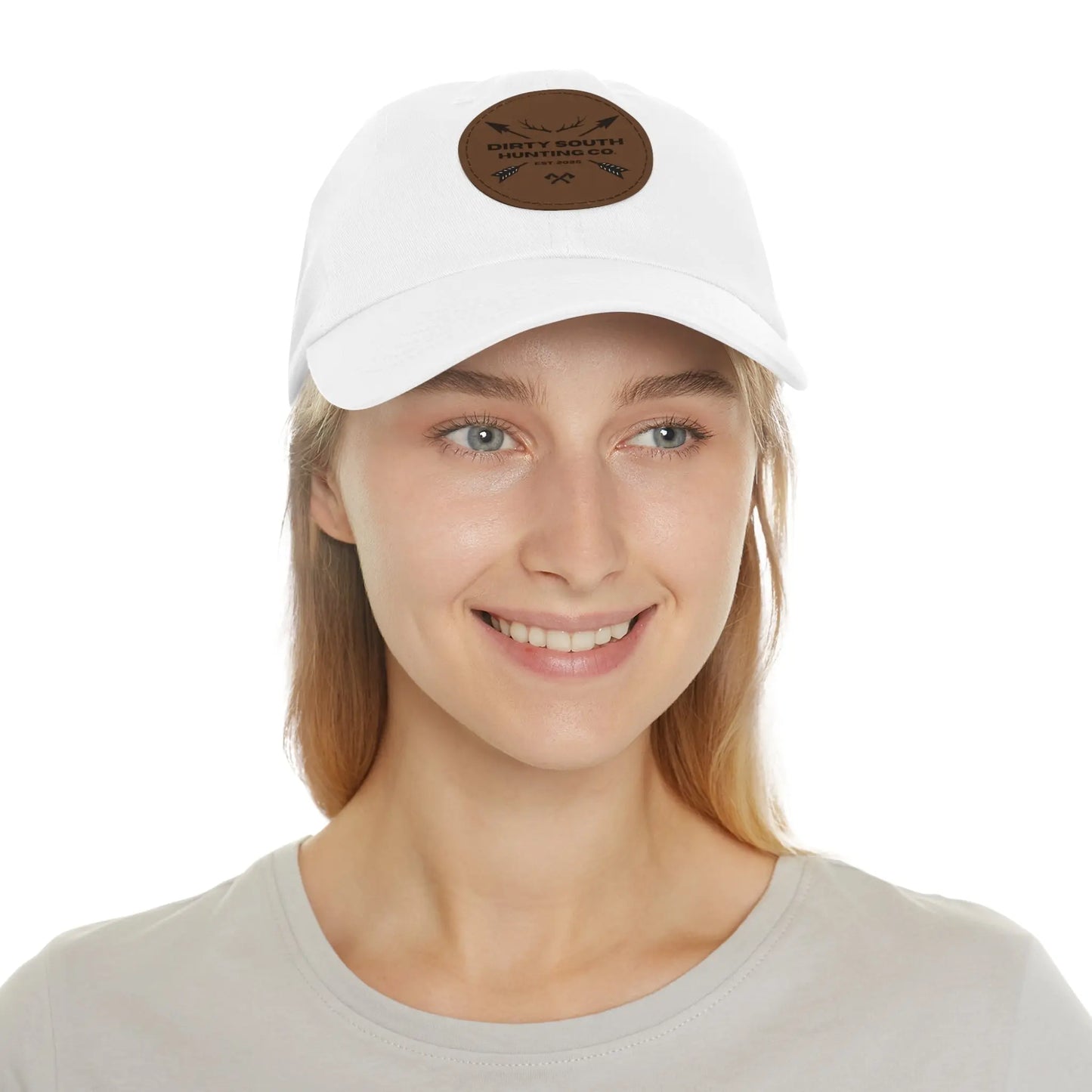 Dirty South Hunting Co. Dad Hat with Leather Patch, Casual Cap for Hunting Enthusiasts, Gift for Father's Day, Outdoor Adventure Gear, Trendy Dad Apparel Printify