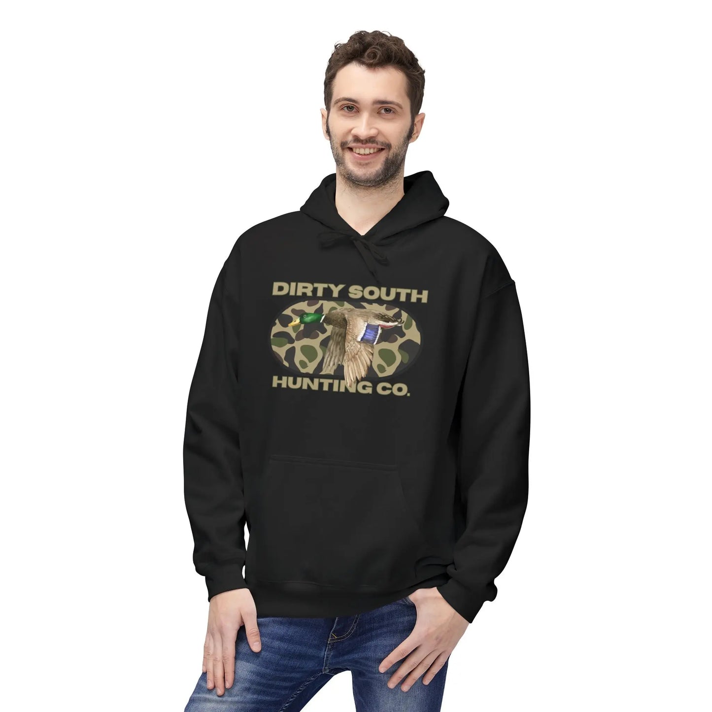 Dirty South Hunting Co Camouflage Hoodie for Hunting Enthusiasts, Cozy Sweatshirt, Outdoor Apparel, Gift for Hunters, Hunting Season Gear, Stylish Unisex Fleece Printify