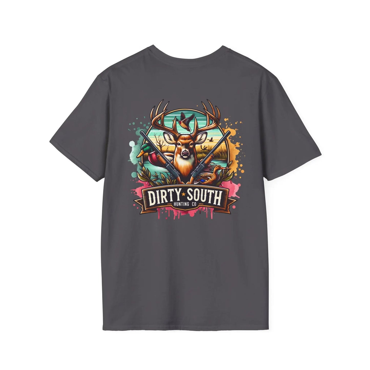 Watercolor Dirty South Hunting Co Unisex Softstyle T-Shirt - Southern Hunt Graphic Tee, Outdoor Apparel, Camo Hunter Top, Nature Lover Gift, Printify