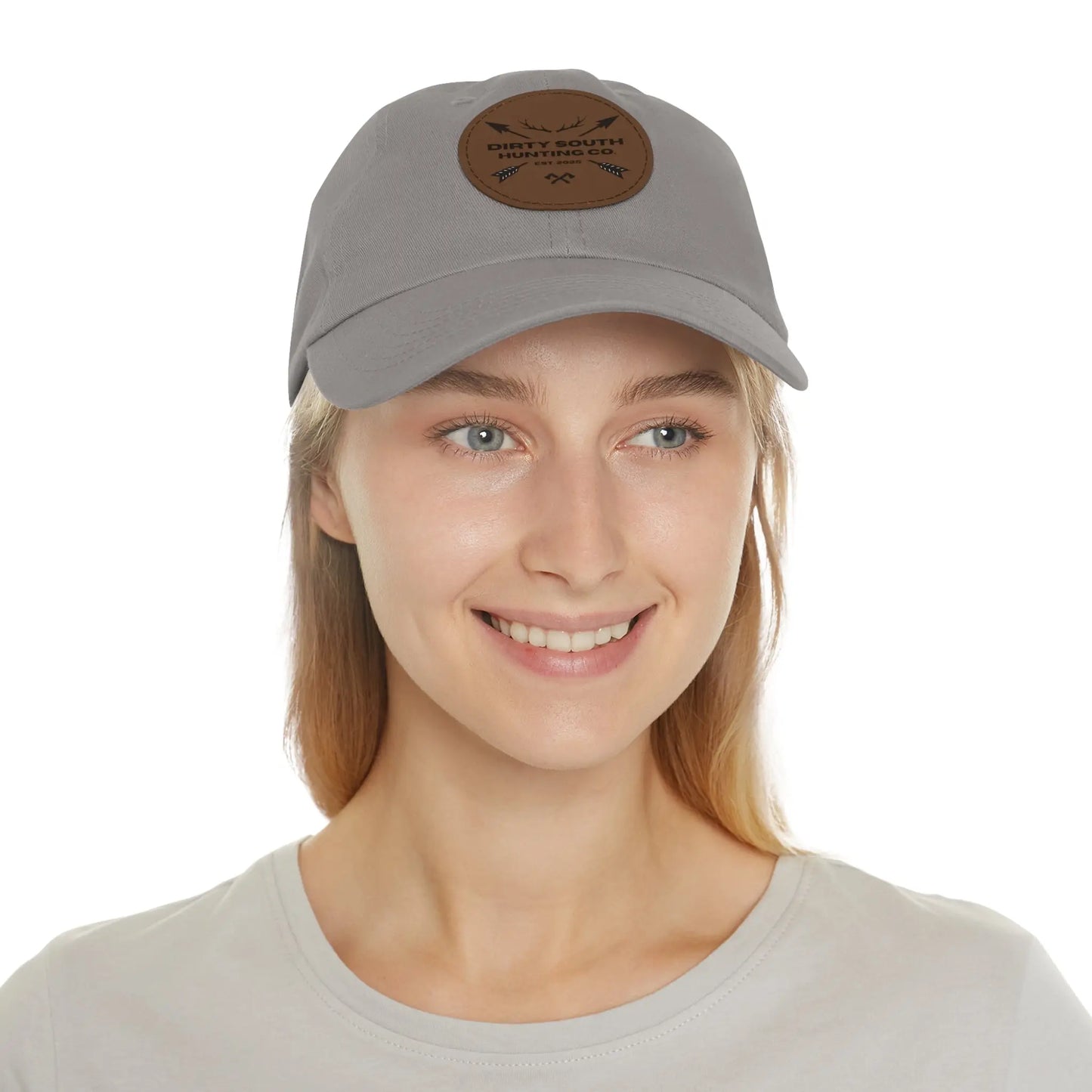 Dirty South Hunting Co. Dad Hat with Leather Patch, Casual Cap for Hunting Enthusiasts, Gift for Father's Day, Outdoor Adventure Gear, Trendy Dad Apparel Printify
