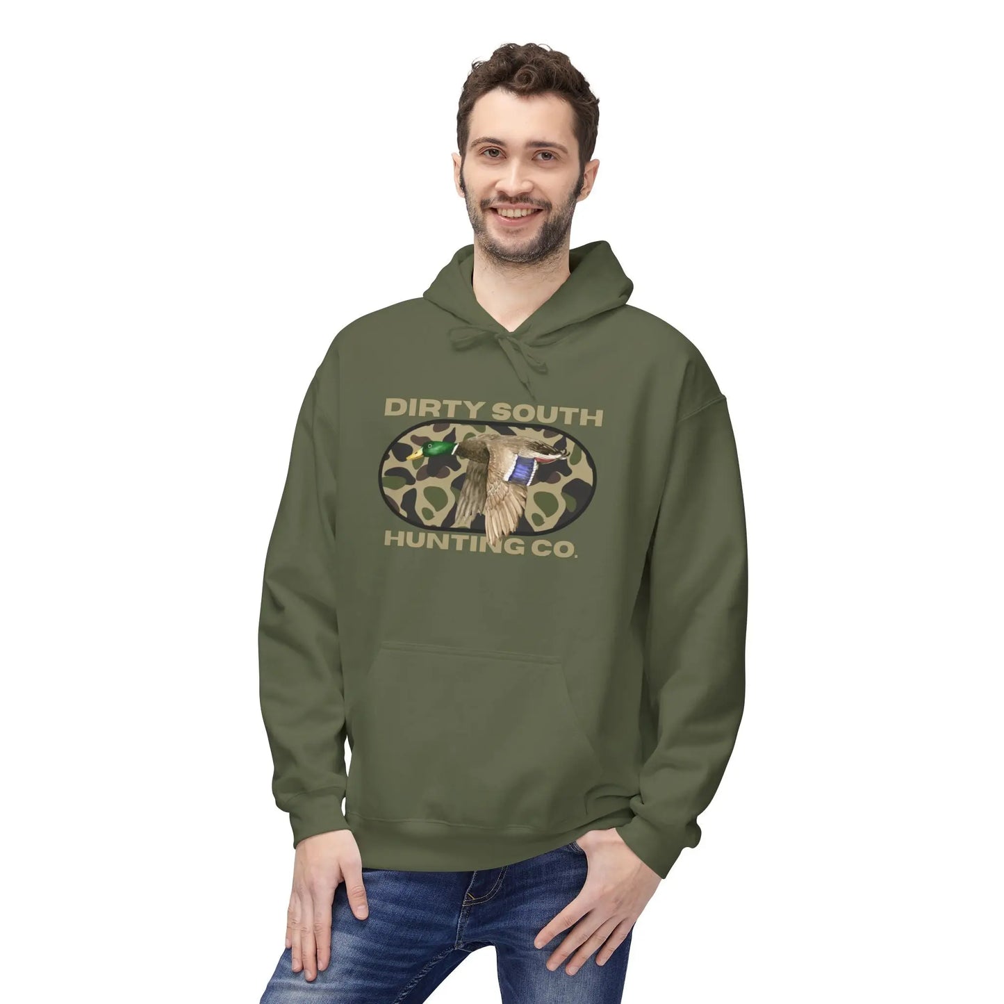 Dirty South Hunting Co Camouflage Hoodie for Hunting Enthusiasts, Cozy Sweatshirt, Outdoor Apparel, Gift for Hunters, Hunting Season Gear, Stylish Unisex Fleece Printify
