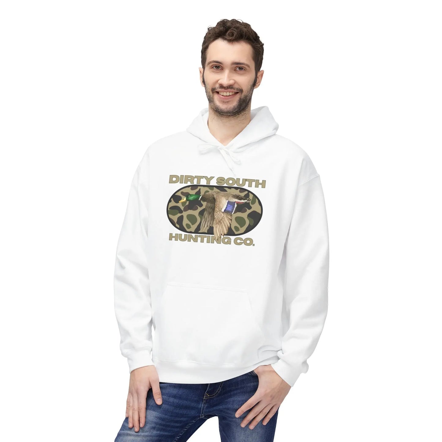 Dirty South Hunting Co Camouflage Hoodie for Hunting Enthusiasts, Cozy Sweatshirt, Outdoor Apparel, Gift for Hunters, Hunting Season Gear, Stylish Unisex Fleece Printify