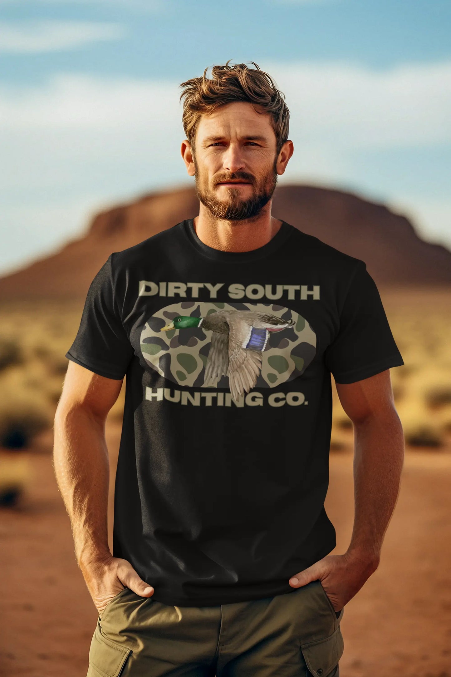 Duck Hunting Unisex Heavy Cotton Tee, Dirty South Hunting Co Shirt, Outdoor Apparel, Camouflage T-Shirt, Gifts for Him, Gifts for Her Printify