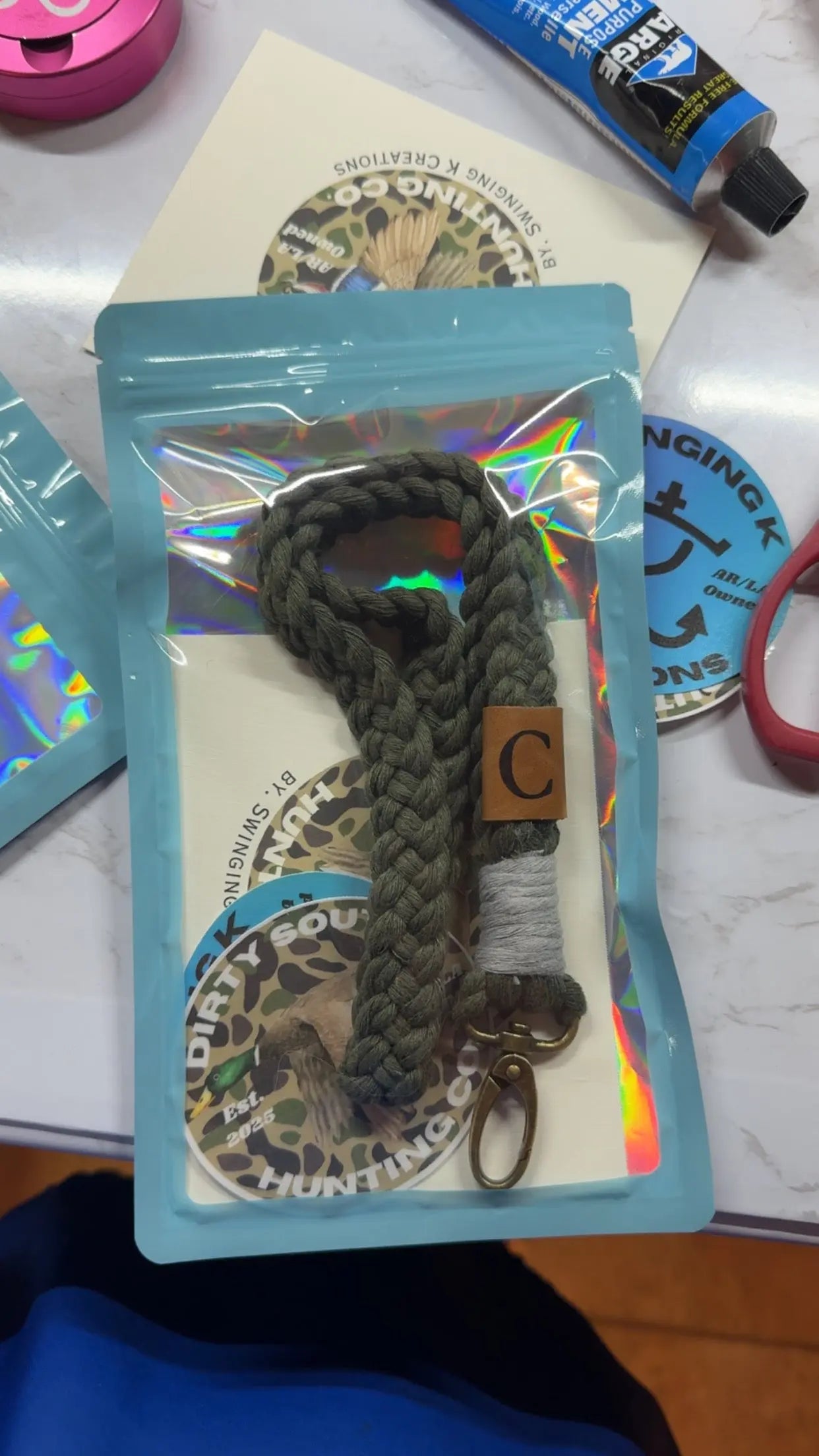Custom Braided Macrame Lanyard with Leather Initial – Personalized Keychain, Badge Holder, or Accessory Swinging K Creations