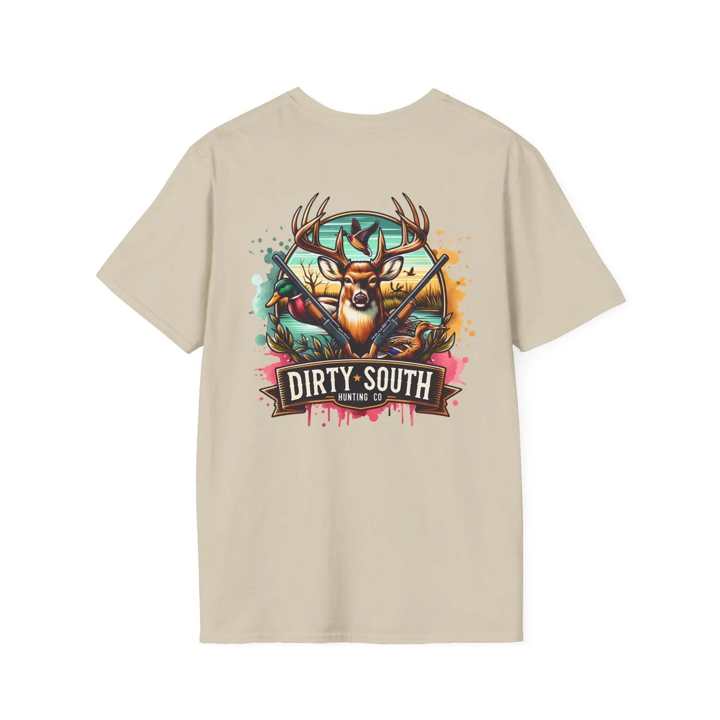 Watercolor Dirty South Hunting Co Unisex Softstyle T-Shirt - Southern Hunt Graphic Tee, Outdoor Apparel, Camo Hunter Top, Nature Lover Gift, Printify