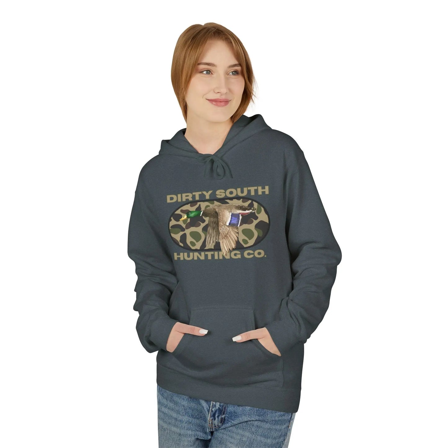 Dirty South Hunting Co Camouflage Hoodie for Hunting Enthusiasts, Cozy Sweatshirt, Outdoor Apparel, Gift for Hunters, Hunting Season Gear, Stylish Unisex Fleece Printify
