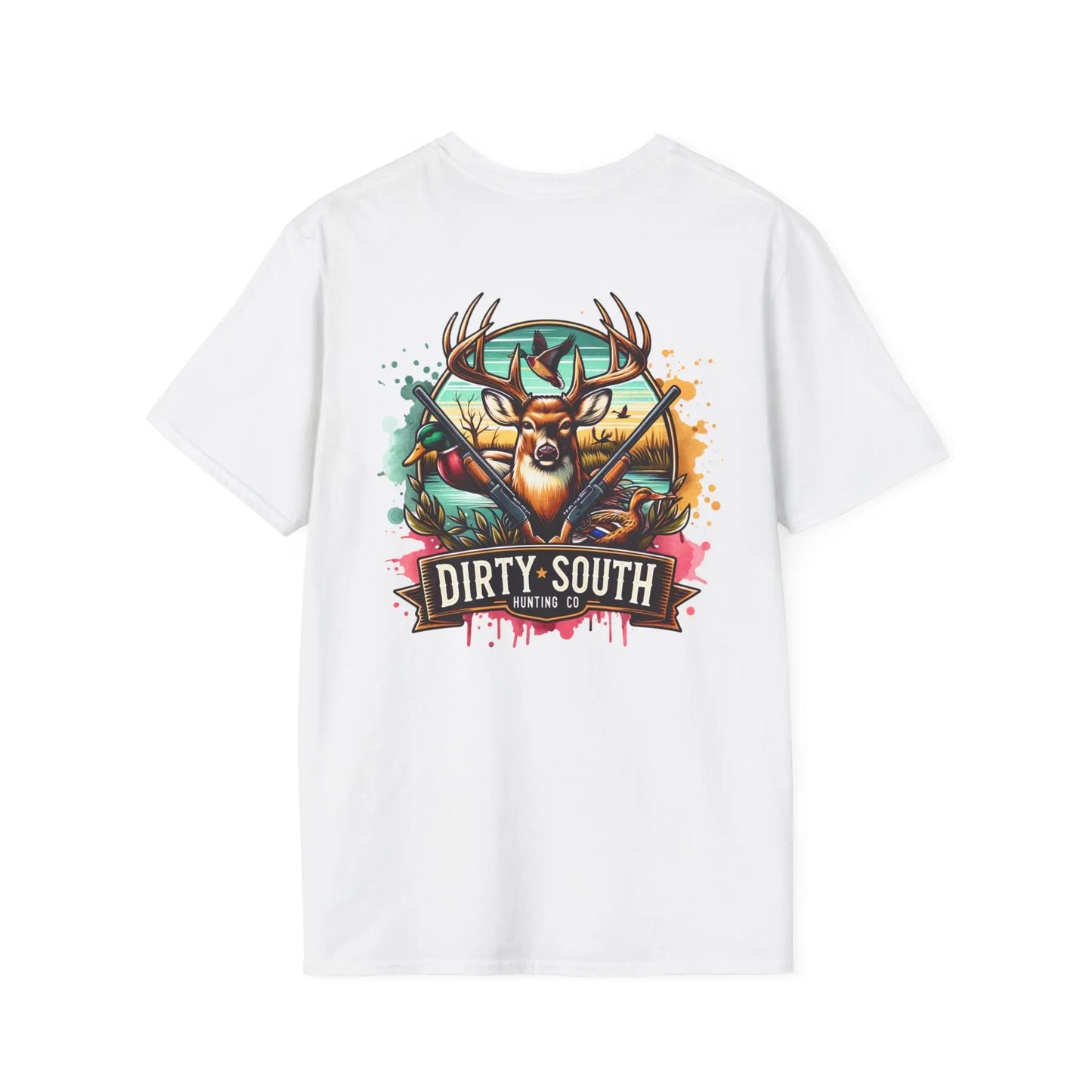 Watercolor Dirty South Hunting Co Unisex Softstyle T-Shirt - Southern Hunt Graphic Tee, Outdoor Apparel, Camo Hunter Top, Nature Lover Gift, Printify