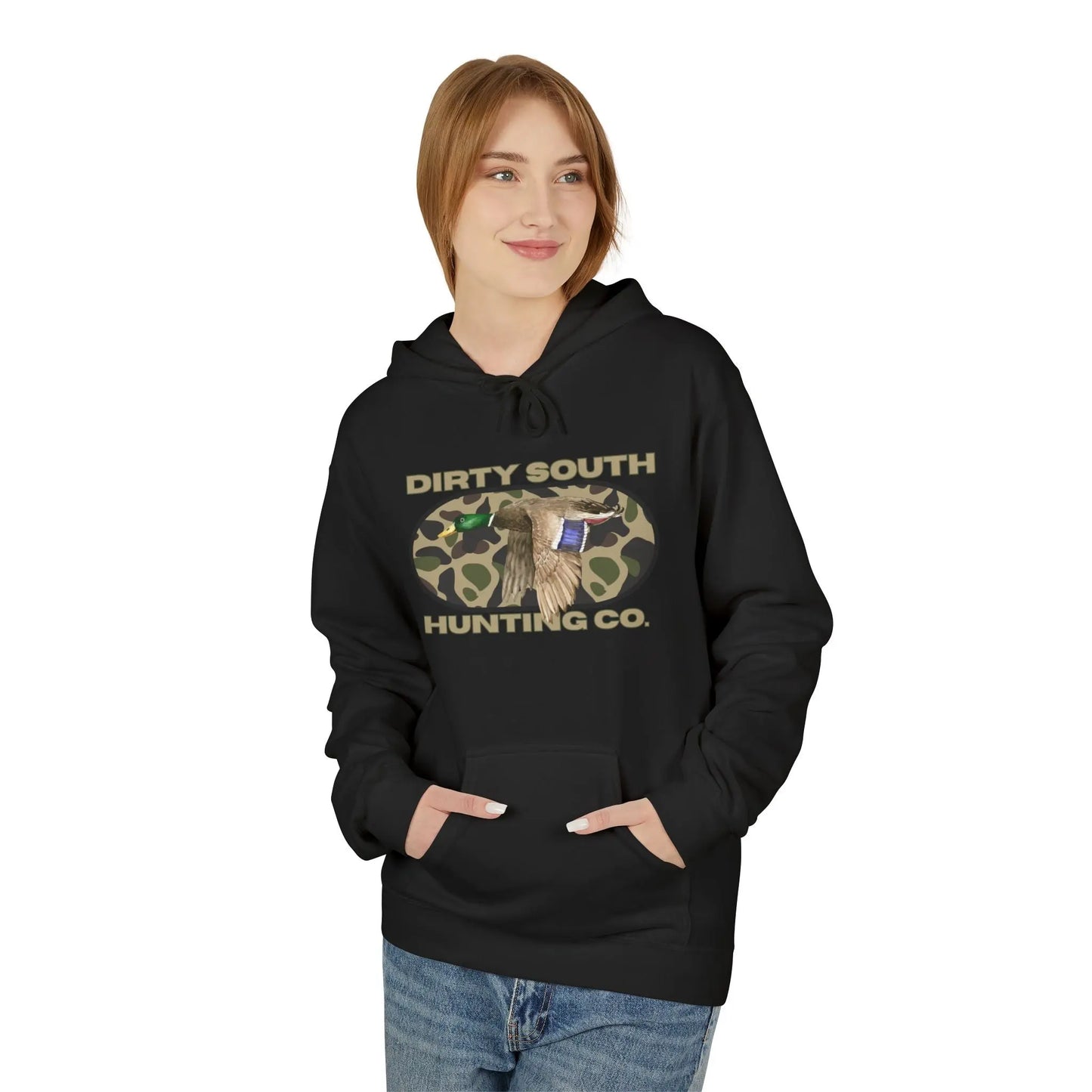 Dirty South Hunting Co Camouflage Hoodie for Hunting Enthusiasts, Cozy Sweatshirt, Outdoor Apparel, Gift for Hunters, Hunting Season Gear, Stylish Unisex Fleece Printify