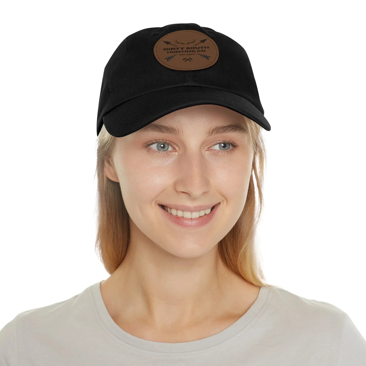 Dirty South Hunting Co. Dad Hat with Leather Patch, Casual Cap for Hunting Enthusiasts, Gift for Father's Day, Outdoor Adventure Gear, Trendy Dad Apparel Printify