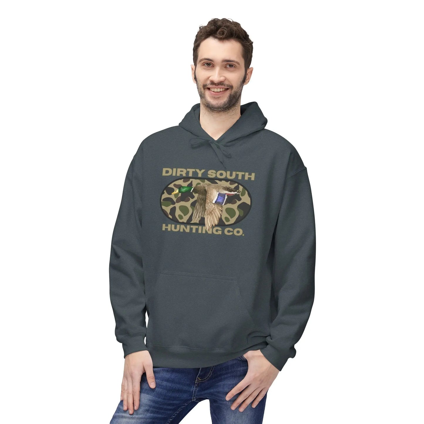 Dirty South Hunting Co Camouflage Hoodie for Hunting Enthusiasts, Cozy Sweatshirt, Outdoor Apparel, Gift for Hunters, Hunting Season Gear, Stylish Unisex Fleece Printify