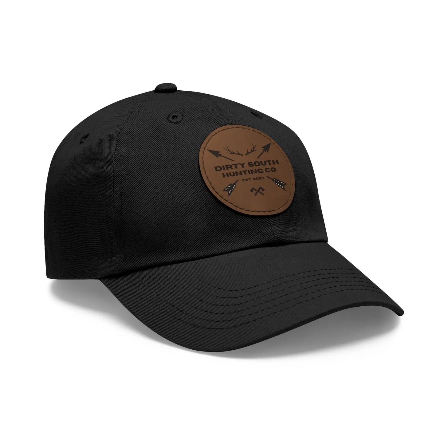 Dirty South Hunting Co. Dad Hat with Leather Patch, Casual Cap for Hunting Enthusiasts, Gift for Father's Day, Outdoor Adventure Gear, Trendy Dad Apparel Printify