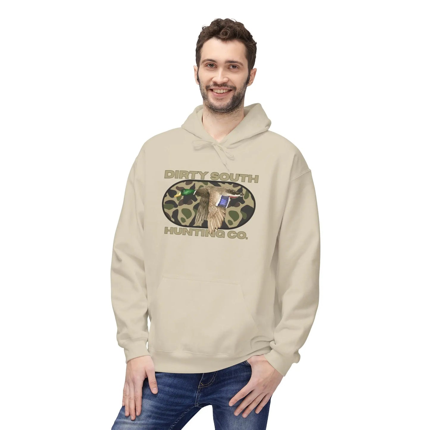 Dirty South Hunting Co Camouflage Hoodie for Hunting Enthusiasts, Cozy Sweatshirt, Outdoor Apparel, Gift for Hunters, Hunting Season Gear, Stylish Unisex Fleece Printify