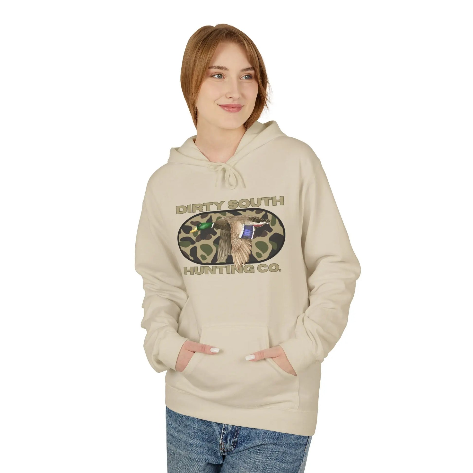 Dirty South Hunting Co Camouflage Hoodie for Hunting Enthusiasts, Cozy Sweatshirt, Outdoor Apparel, Gift for Hunters, Hunting Season Gear, Stylish Unisex Fleece Printify