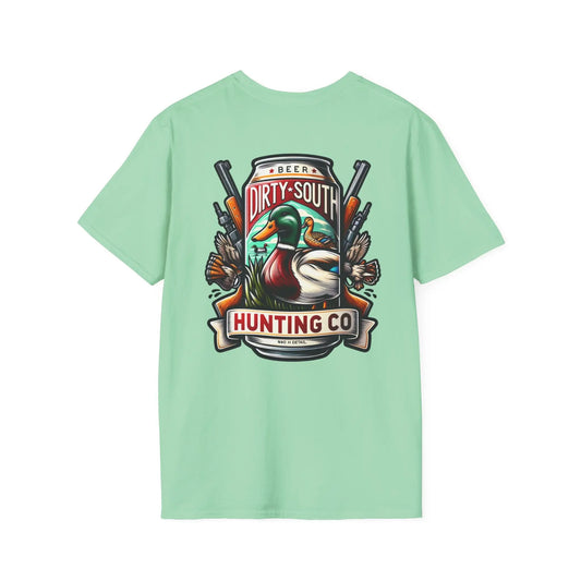 Dirty South Hunting Co. Beer Can T-Shirt, Outdoor Apparel, Perfect for Gifts, Camping, and Festivals, Featuring Beer and Duck Design Printify