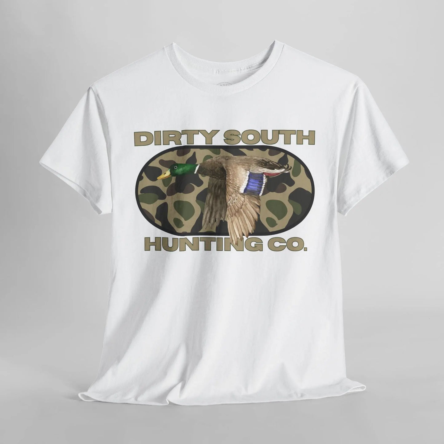 Duck Hunting Unisex Heavy Cotton Tee, Dirty South Hunting Co Shirt, Outdoor Apparel, Camouflage T-Shirt, Gifts for Him, Gifts for Her Printify