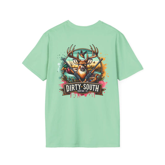 Watercolor Dirty South Hunting Co Unisex Softstyle T-Shirt - Southern Hunt Graphic Tee, Outdoor Apparel, Camo Hunter Top, Nature Lover Gift, Printify